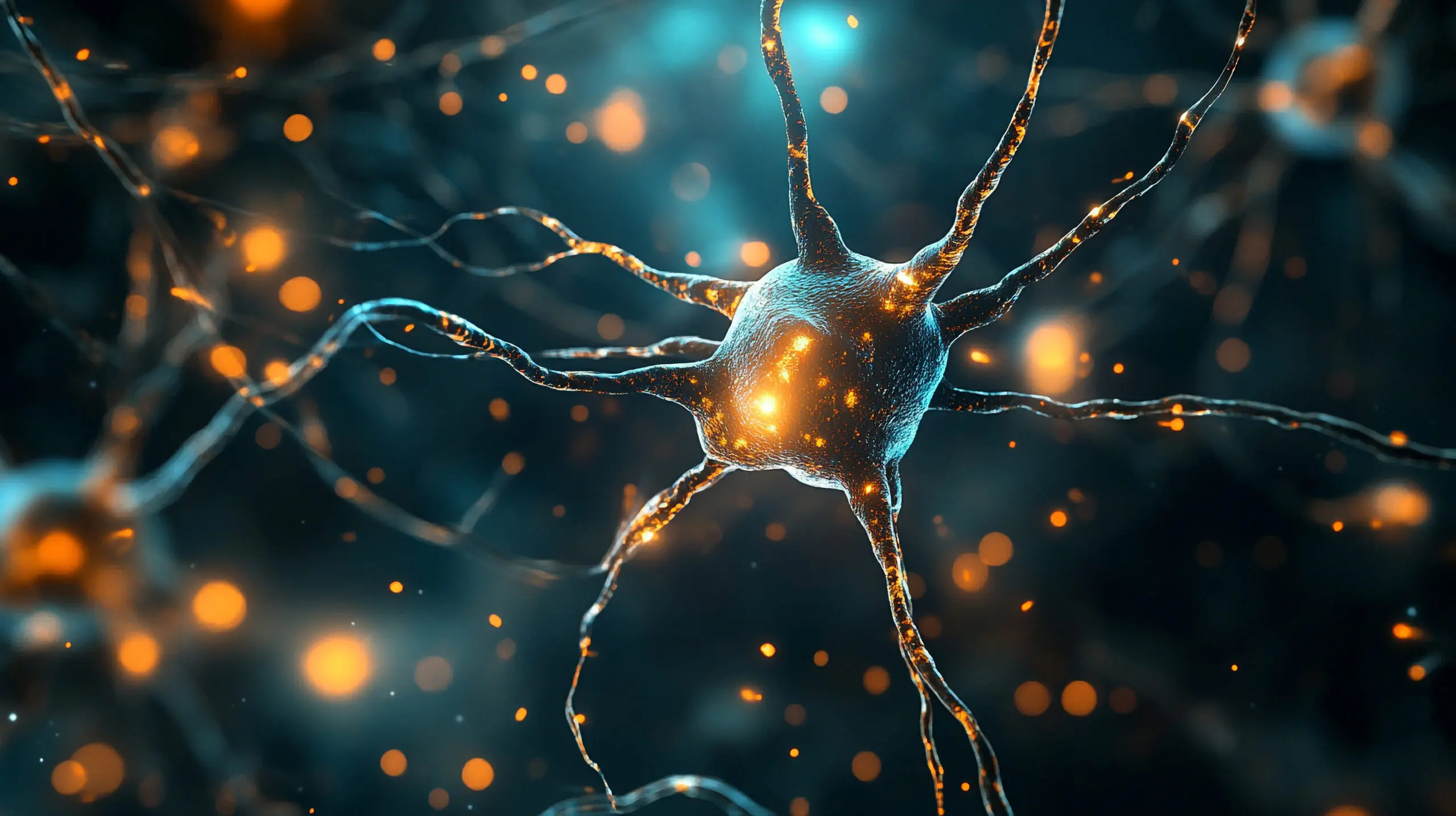 Detailed depiction of a neuron, showcasing its intricate structure and connectivity, set against a dark background with orange accents. | Red Leaf Research Labs ara 290