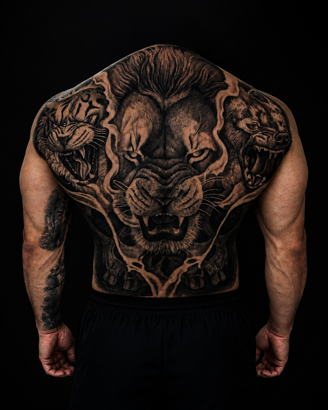 Muscular man with lion, tiger and wolf back tattoo
