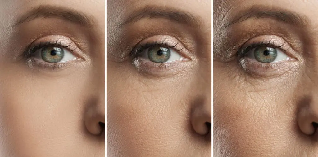 Three-panel close-up of a green eye with neutral makeup and visible skin texture.
