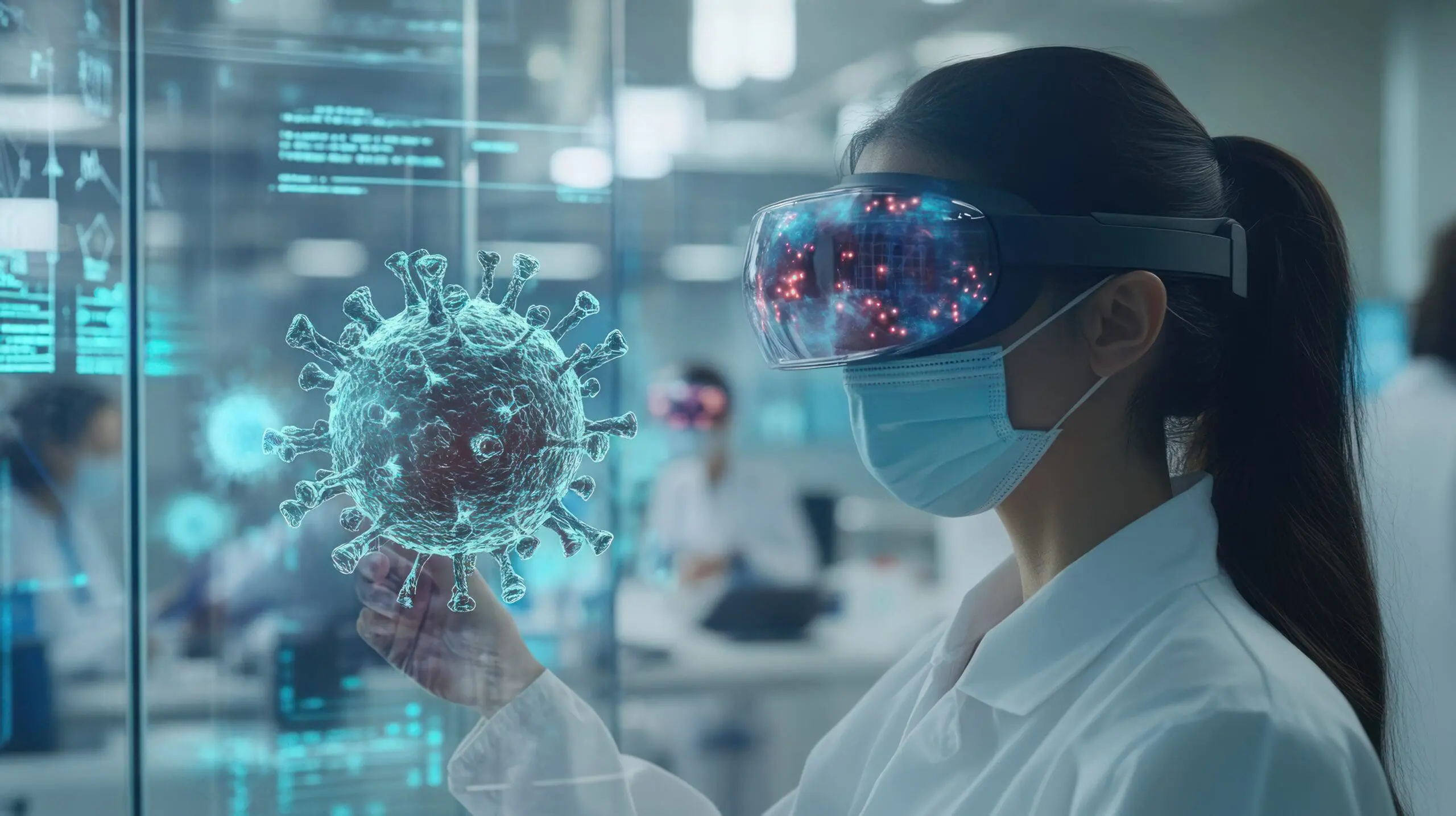 Harm Reduction Research in Canada | Red Leaf Research Labs Scientist wearing a medical mask and visor examining a holographic model in a laboratory