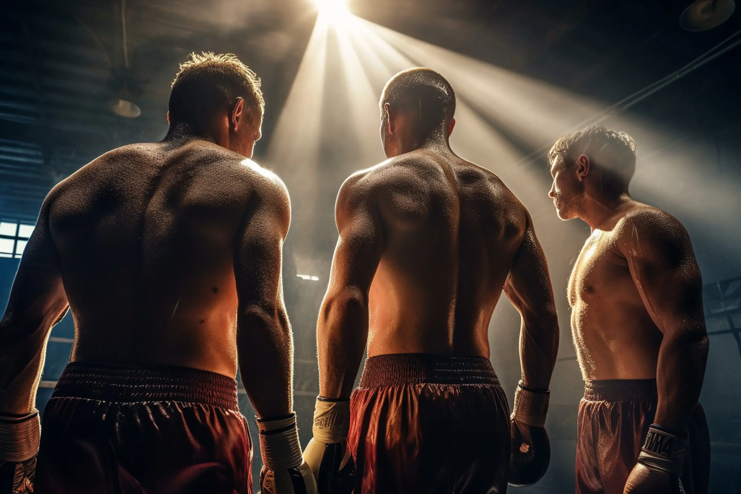 Four shirtless male boxers stand with backs to the camera in a dim gym, lit by dramatic overhead spotlights.