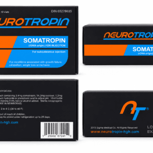 Boxed Neurotropin Somatropin injection packaging with orange and blue branding on a black box set