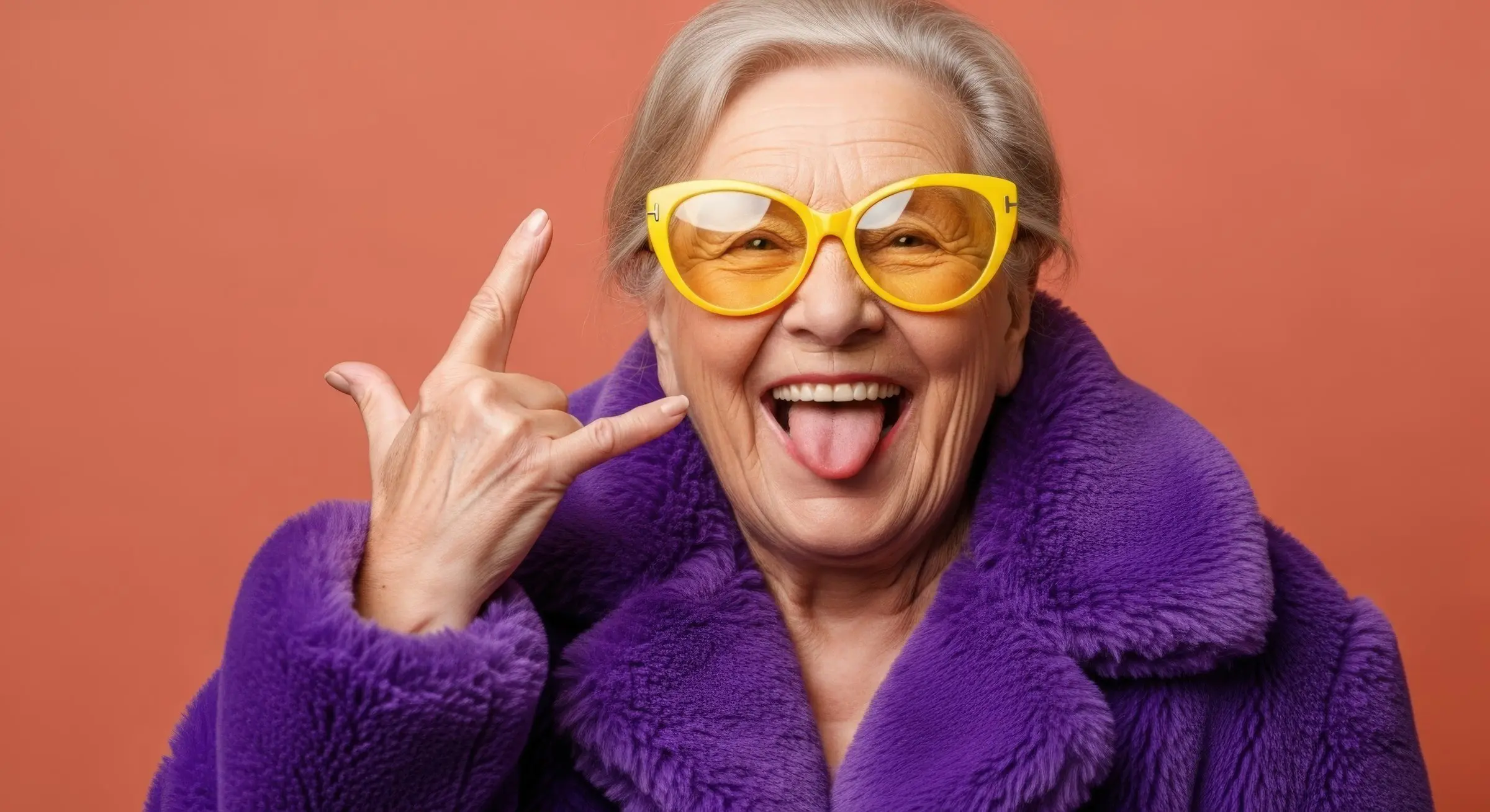 Smiling older woman in yellow glasses and a purple faux-fur coat making a rock-on hand sign