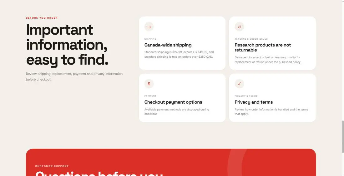 Unnamed storefront policy cards covering shipping, returns, payment and privacy, brand marks obscured