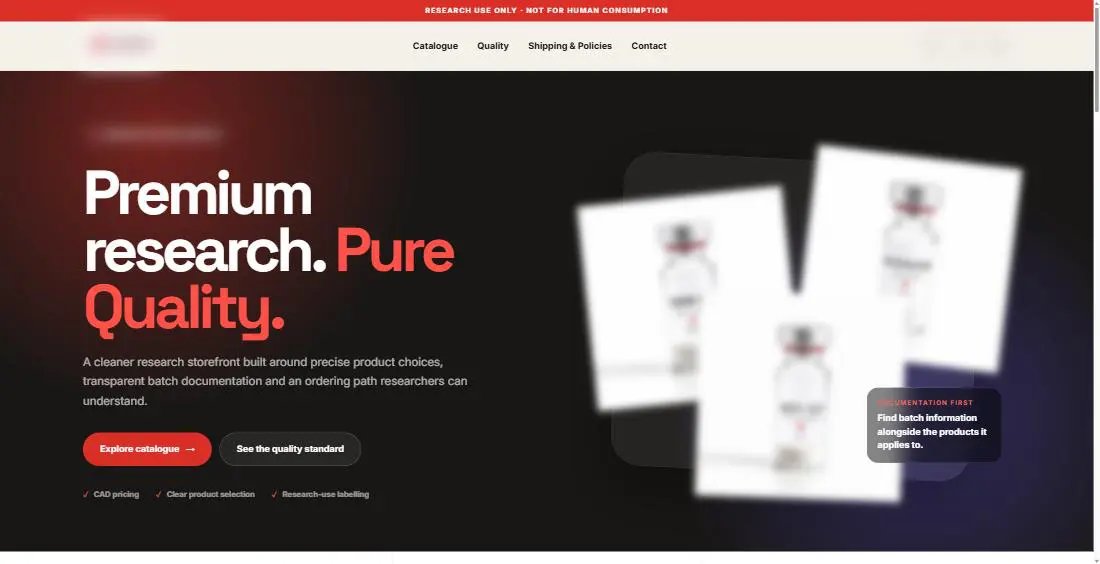 Unnamed storefront hero on a second domain with a red research use only bar, dark hero and red call to action, brand marks obscured