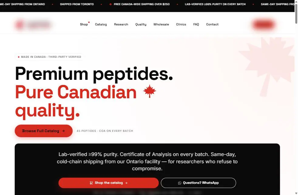 Unnamed storefront homepage with red announcement ticker, maple leaf logo and red call to action, brand marks obscured