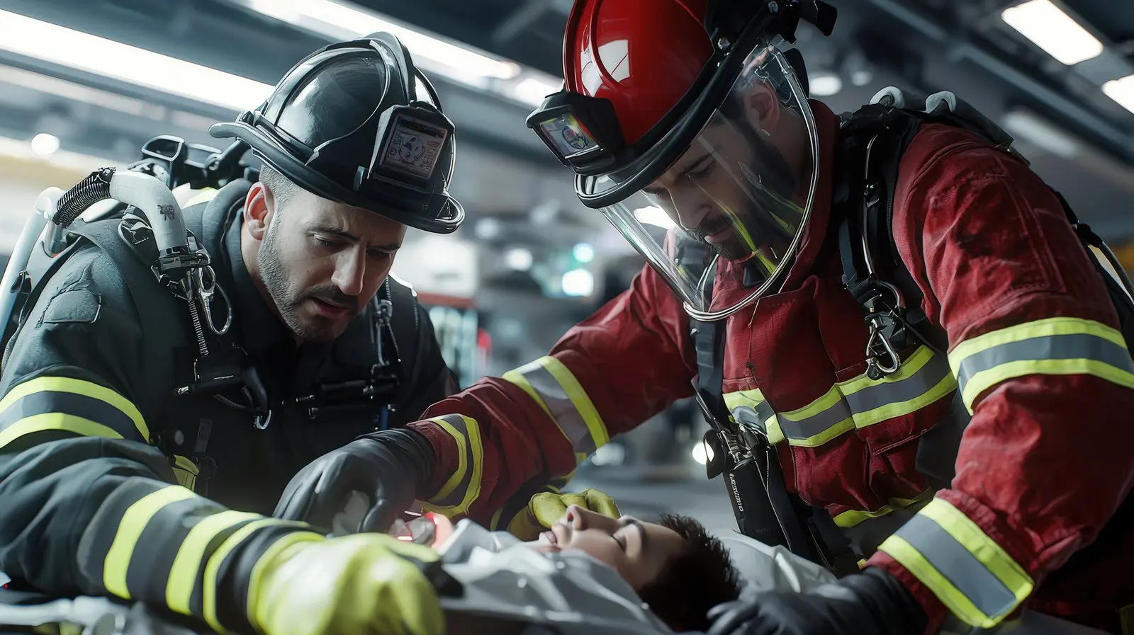 Firefighters working a call | Red Leaf Research Labs Two firefighters in breathing apparatus working on a patient on a stretcher