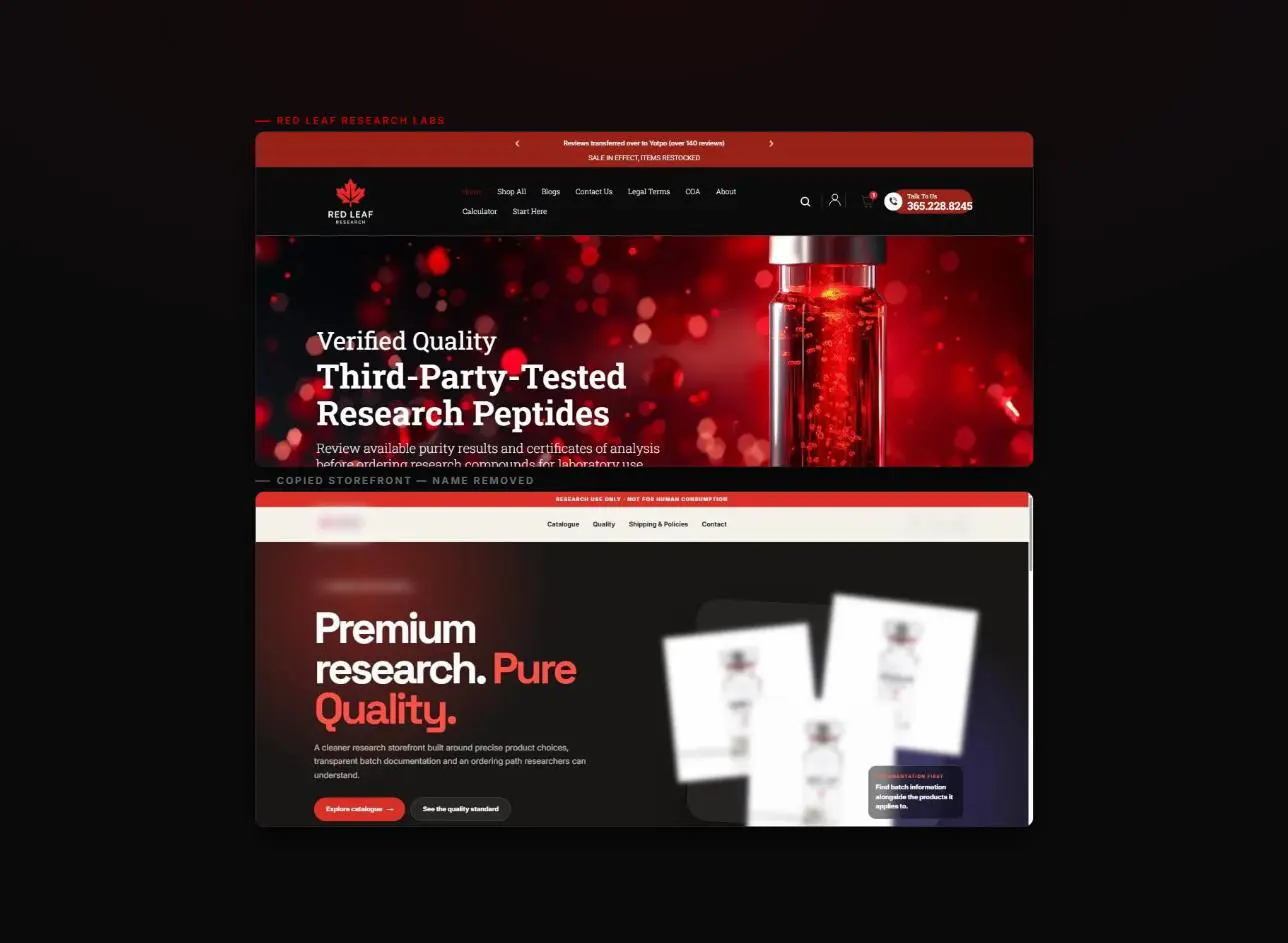 Red Leaf Research Labs homepage above a copied storefront using the same dark palette, brand marks removed