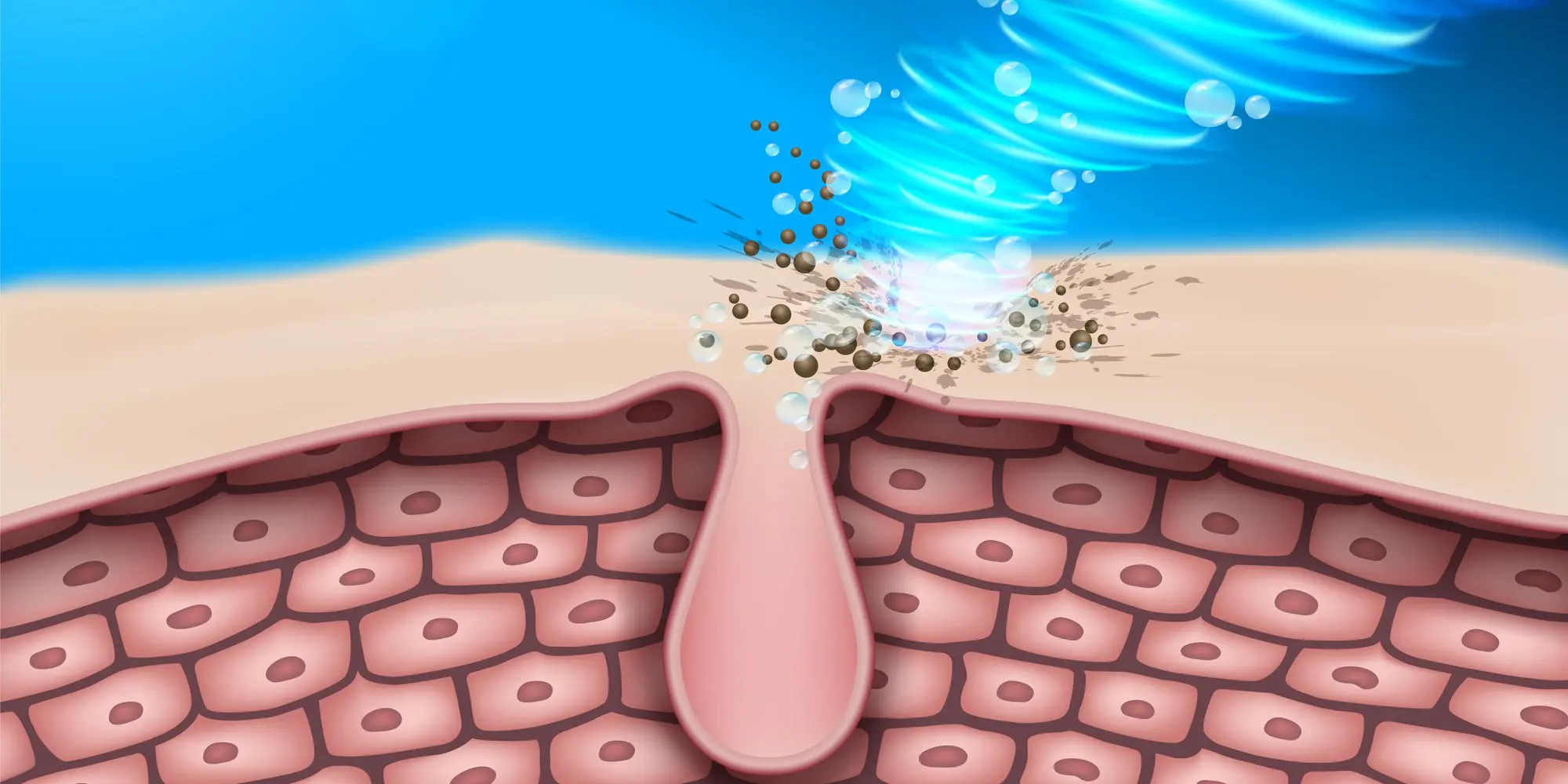 Illustration of a skin pore being cleared, showing layers of skin cells beneath the surface