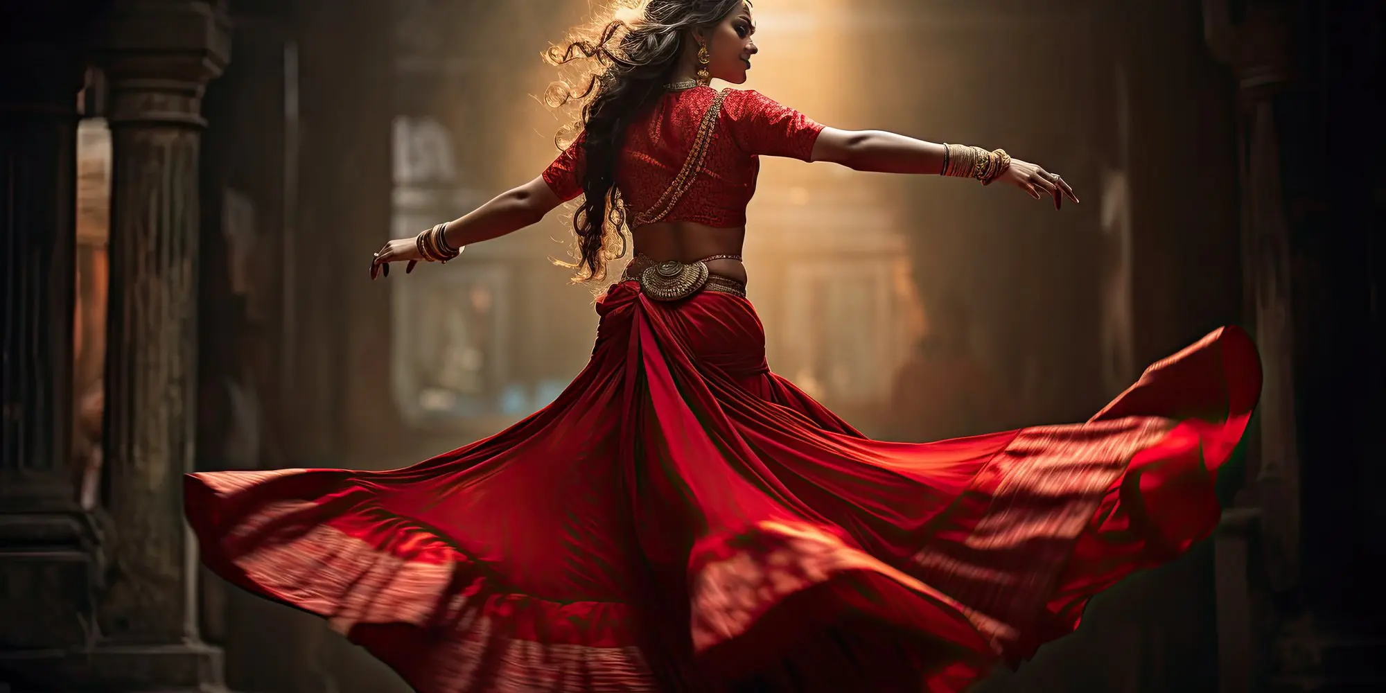 A dancer in a red lehenga spinning in a sunlit old courtyard