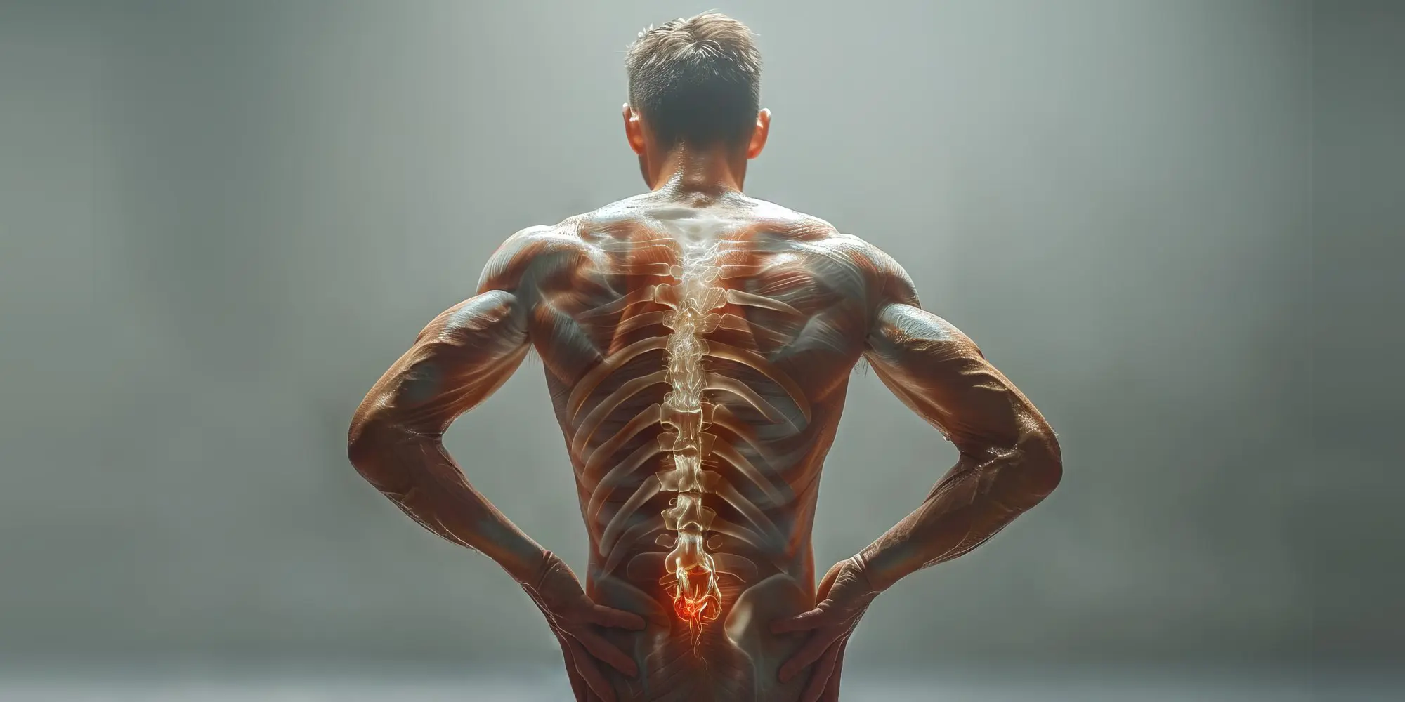 Herniated disc treatment: a man holding his lower back with the spine shown and the low back disc glowing red