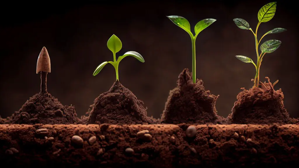 Four seedlings in soil at four stages of growth, from a seed just breaking the surface to a leafy young plant