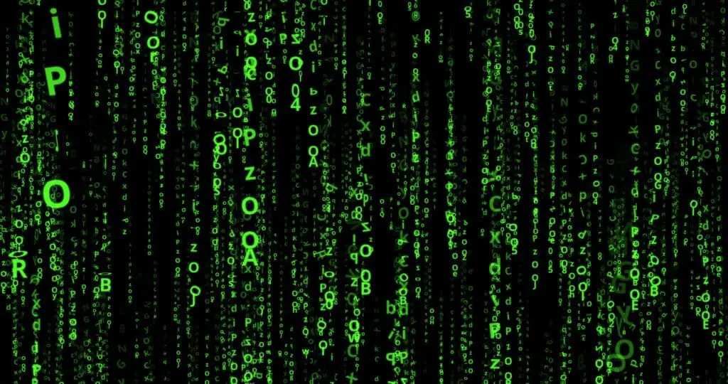 Green code streaming down a black screen, representing automated bots, black-hat SEO tactics and attacks on peptide supplier websites