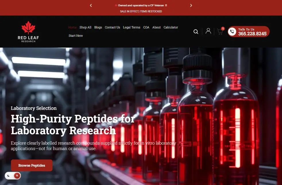 Red Leaf Research Labs homepage with red announcement ticker, black header, maple leaf logo, red contact button and dark hero