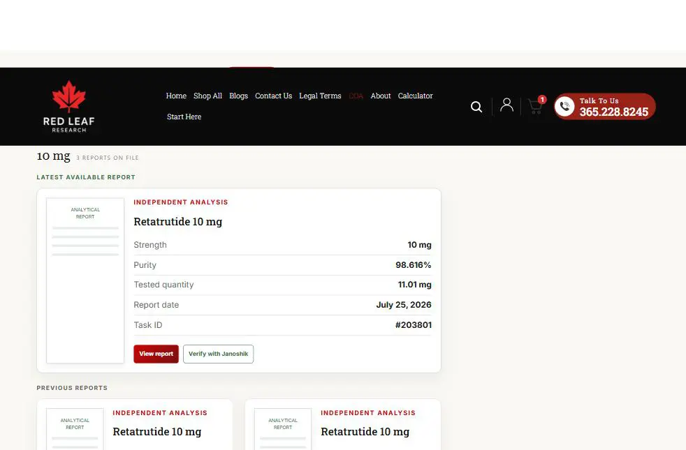 Red Leaf Research Labs COA showing strength, purity, tested quantity, report date, task ID and a verify with Janoshik link