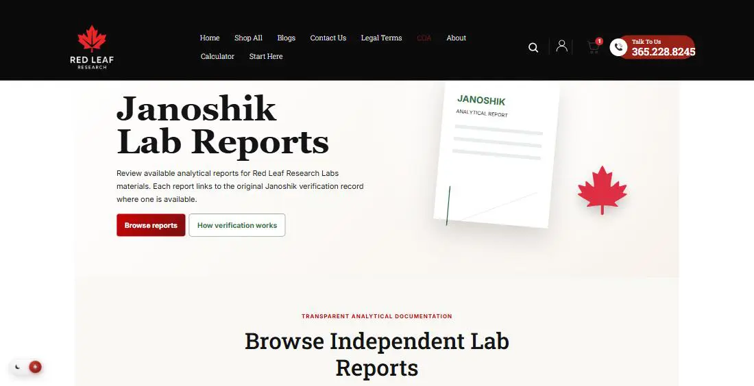 Red Leaf Research Labs Janoshik Lab Reports page with a browse reports button and a how verification works button
