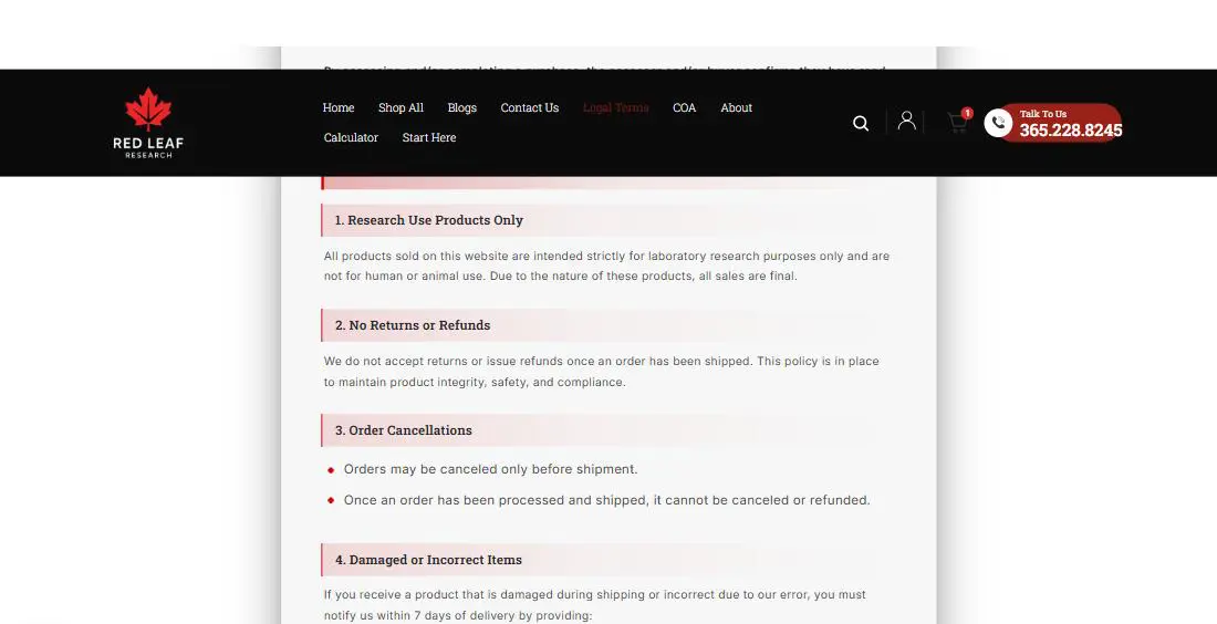 Red Leaf Research Labs return and refund policy listing research use products only, no returns or refunds, order cancellations and damaged or incorrect items
