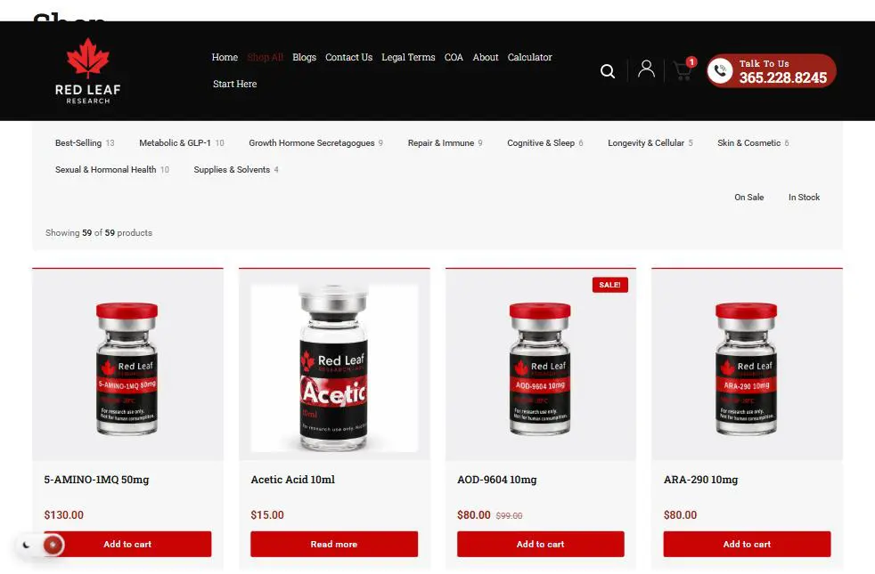 Red Leaf Research Labs shop page showing the category filter strip and product cards with red add to cart buttons