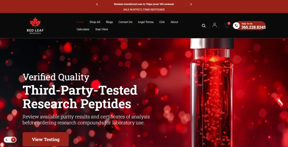 Red Leaf Research Labs hero slide reading Verified Quality, Third-Party-Tested Research Peptides, with a red View Testing button