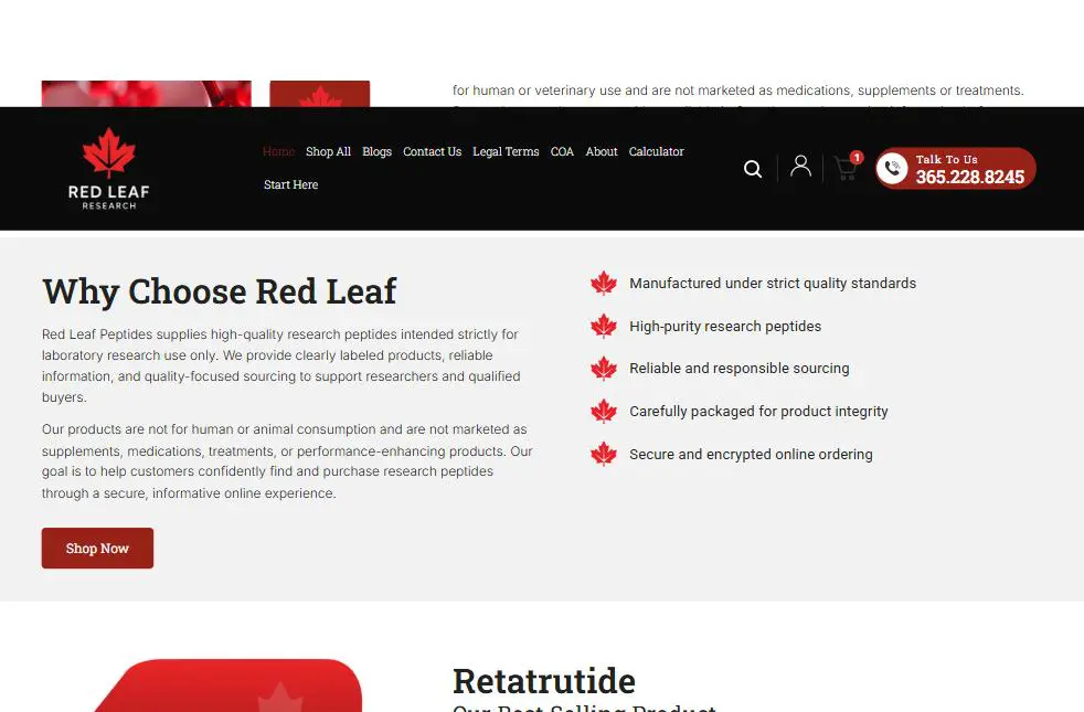 Red Leaf Research Labs Why Choose Red Leaf section with maple-leaf bullet list of quality claims