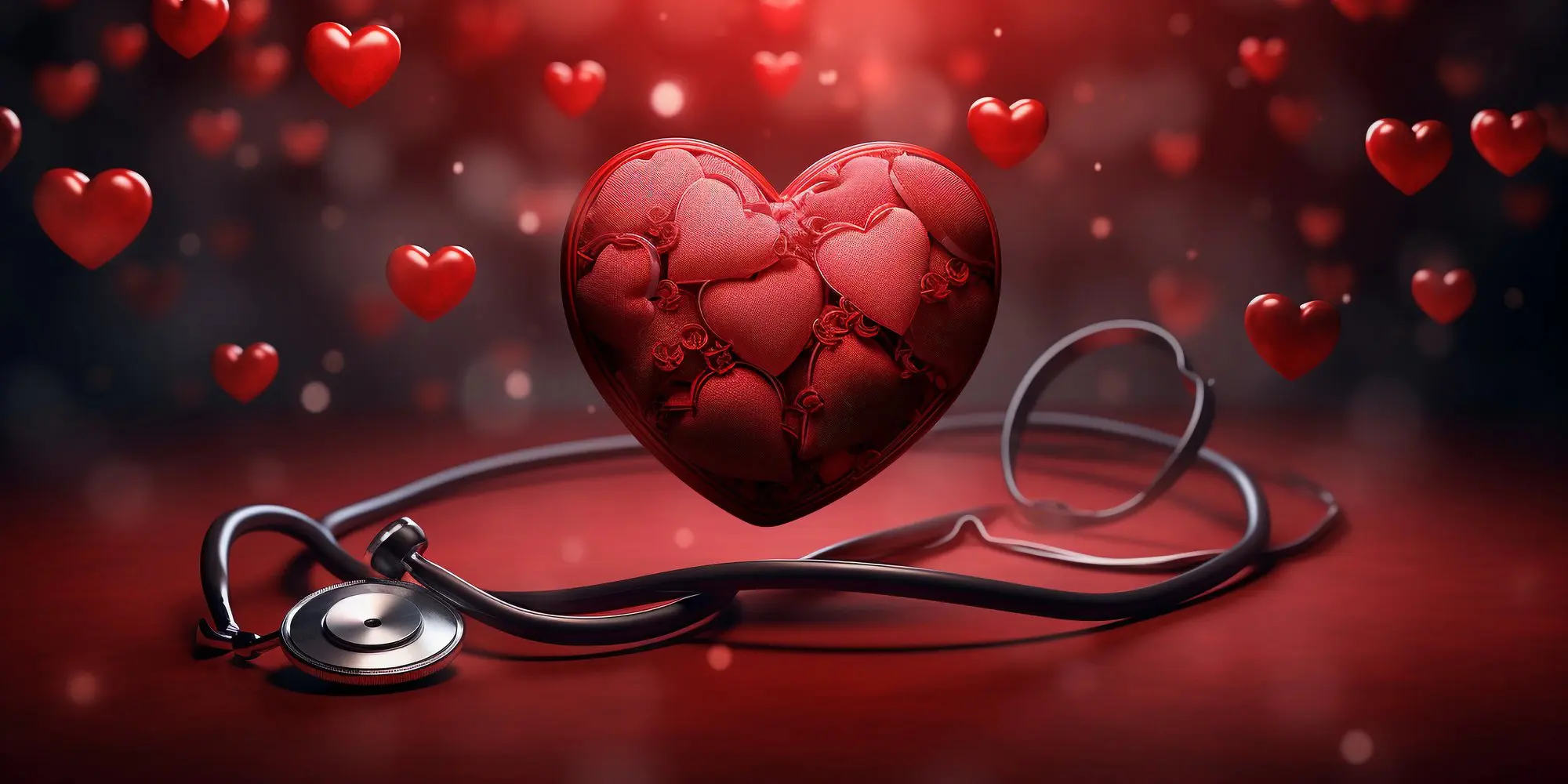 Red heart-shaped container filled with smaller hearts, with a stethoscope on a red surface.