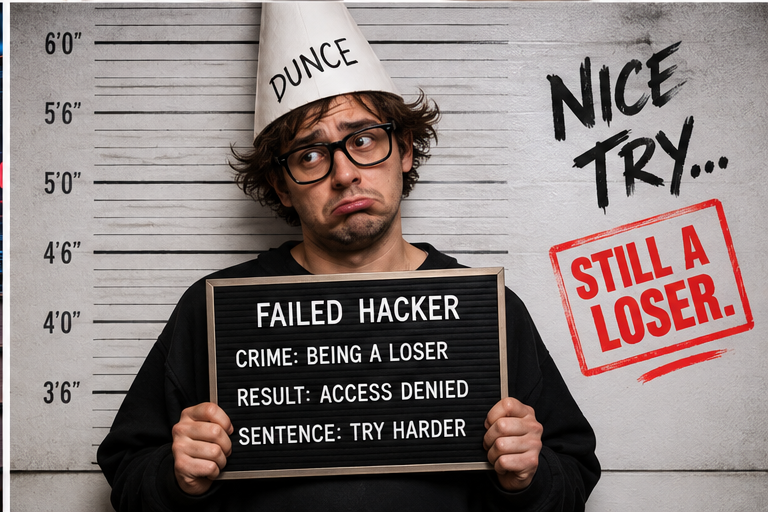 Humorous mugshot-style photo of a man in a dunce hat, holding a sign that says 'Failed Hacker' with 'Nice try... Still a loser' on the wall near height markings.