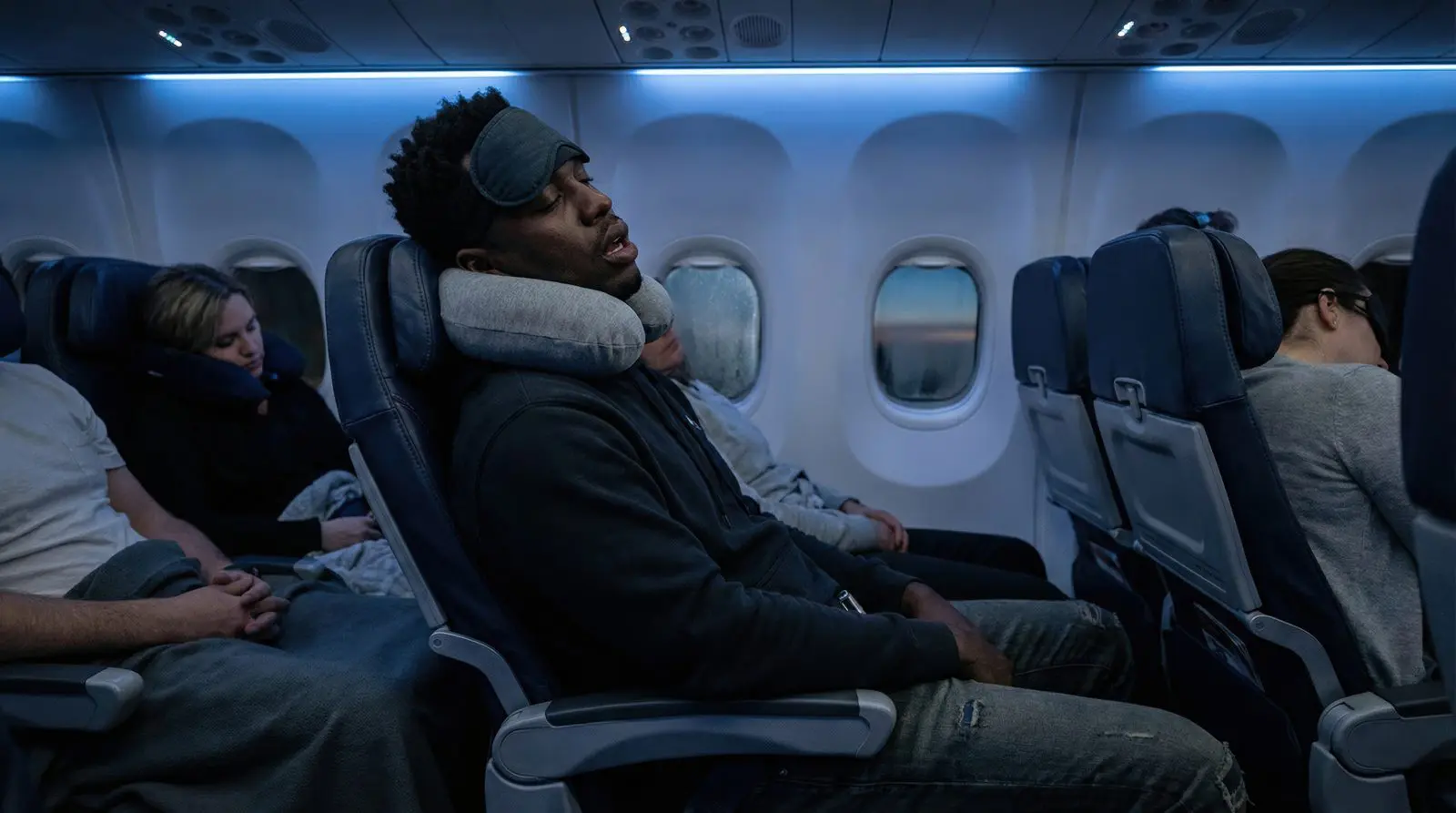 A man sleeps upright on a night flight with a neck pillow, eye mask pushed up and mouth open