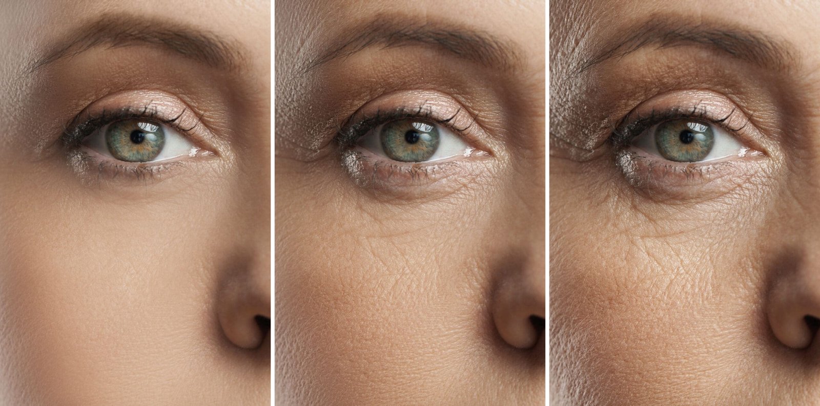 Three-panel close-up of a green eye with neutral makeup and visible skin texture.
