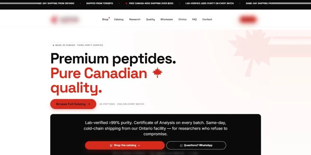 Peptide supplier website homepage making bold purity and Canadian-made claims
