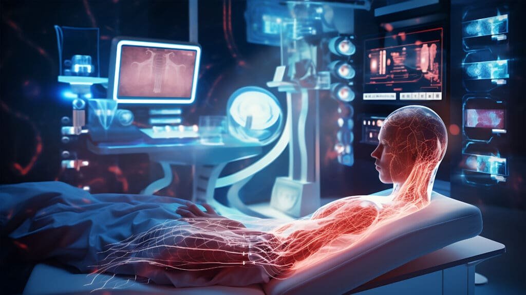 Medical illustration of the human circulatory system in a clinical laboratory
