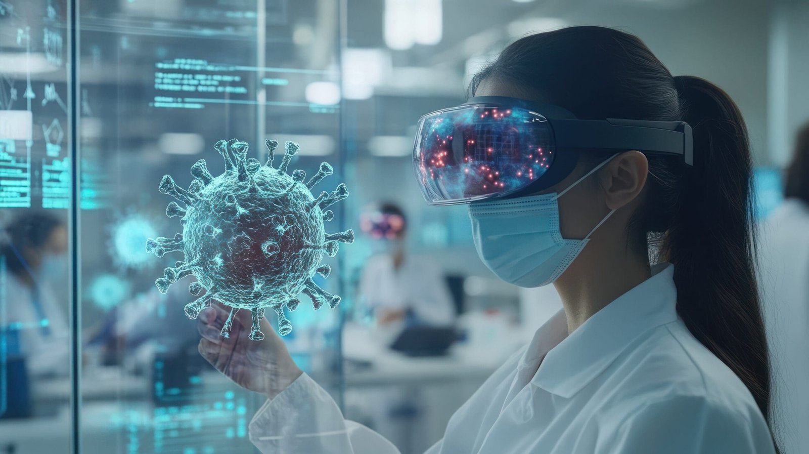 Scientist wearing a medical mask and visor examining a holographic model in a laboratory