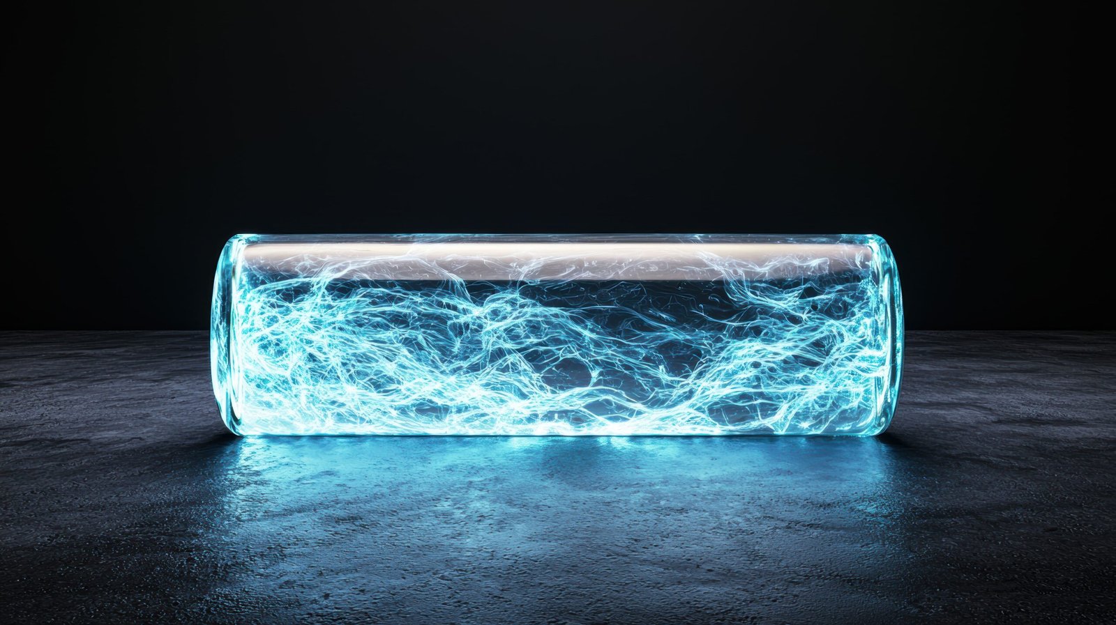 Horizontal glass cylinder filled with glowing blue energy, resting on a dark textured surface.