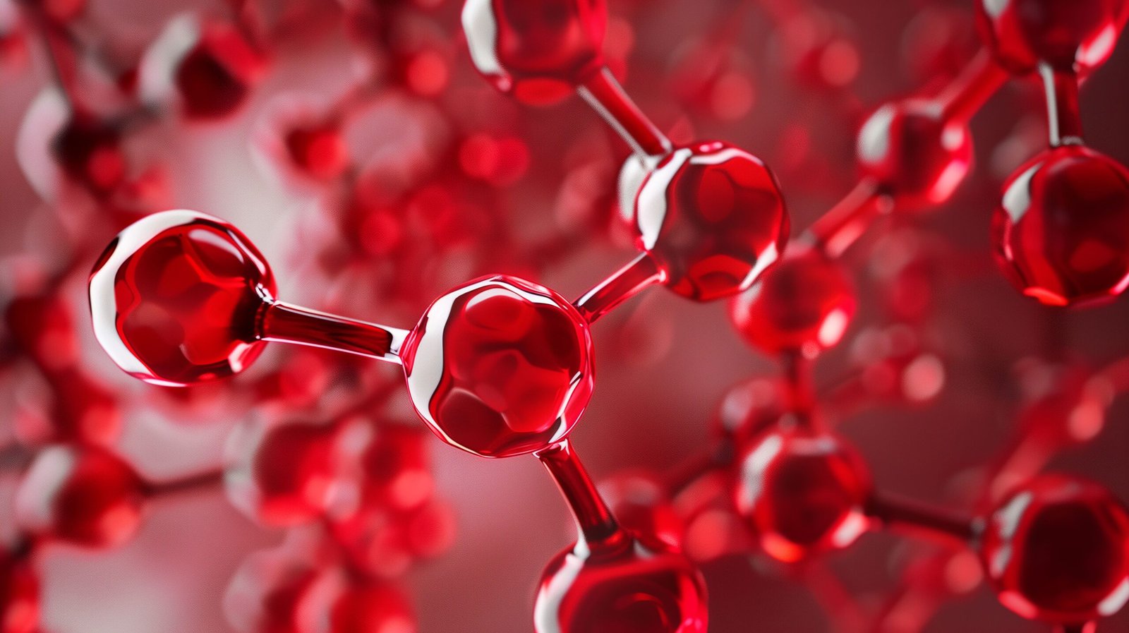 Showcasing innovative synthetic blood with nanotech for medical transfusions and treatments | Red Leaf Research Labs Close-up of red glassy spheres connected by thin rods, forming a molecular-like chain (abstract science background)