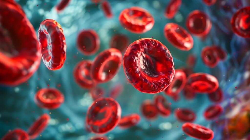 Red blood cells flowing through a blue-tinted bloodstream, showing circular, biconcave shapes in motion.