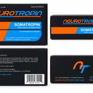 Boxed Neurotropin Somatropin injection packaging with orange and blue branding on a black box set