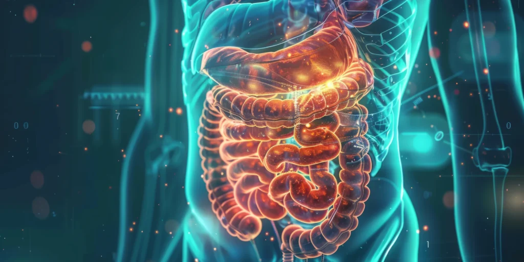 IBS treatment illustration showing a glowing stomach and intestines inside the body