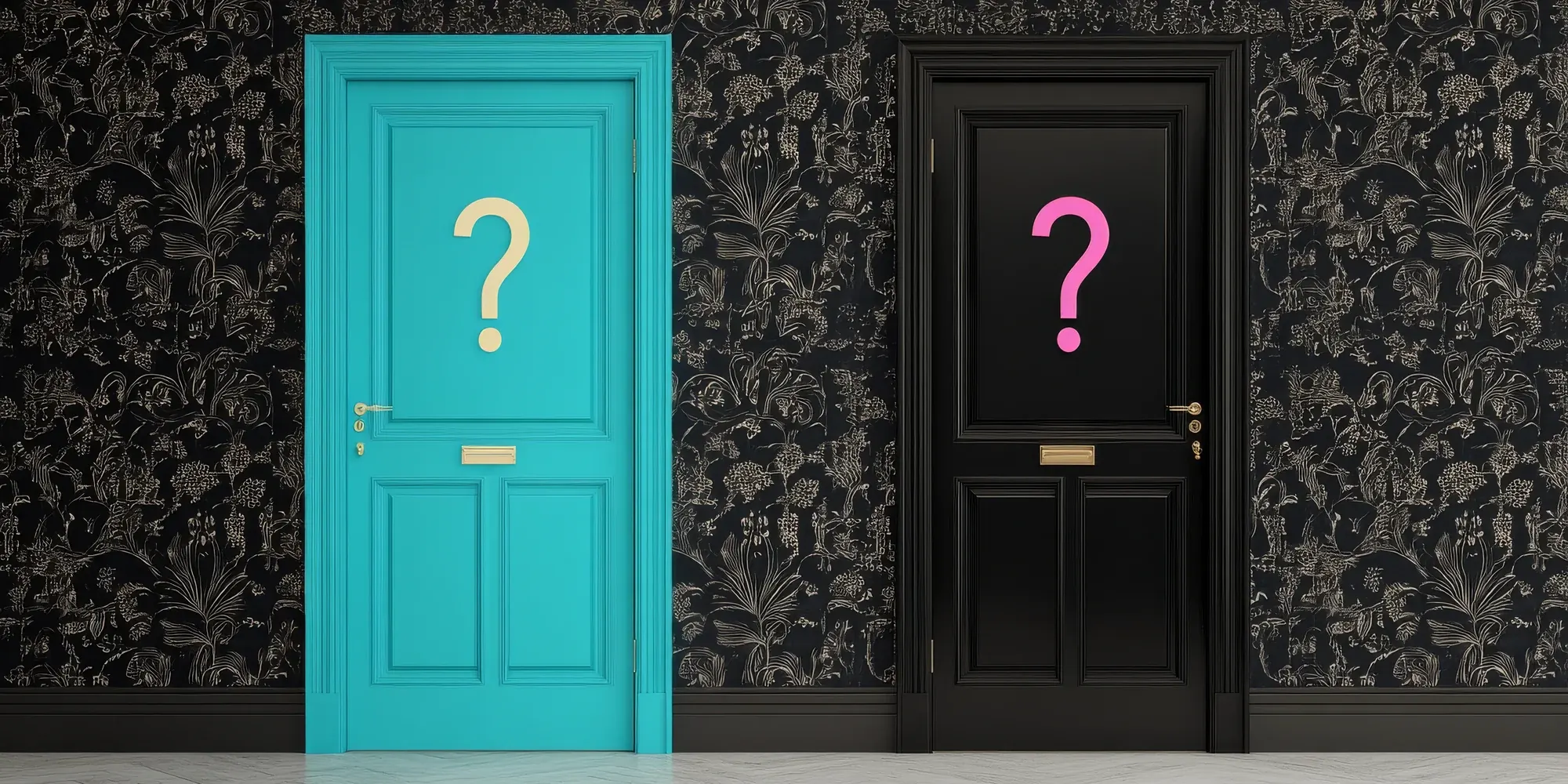 Two doors side by side, one teal and one black, each marked with a question mark, illustrating the choice between retatrutide and cagrilintide