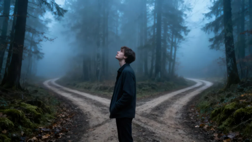 Person standing at a fork in a misty forest road, deciding which way to go