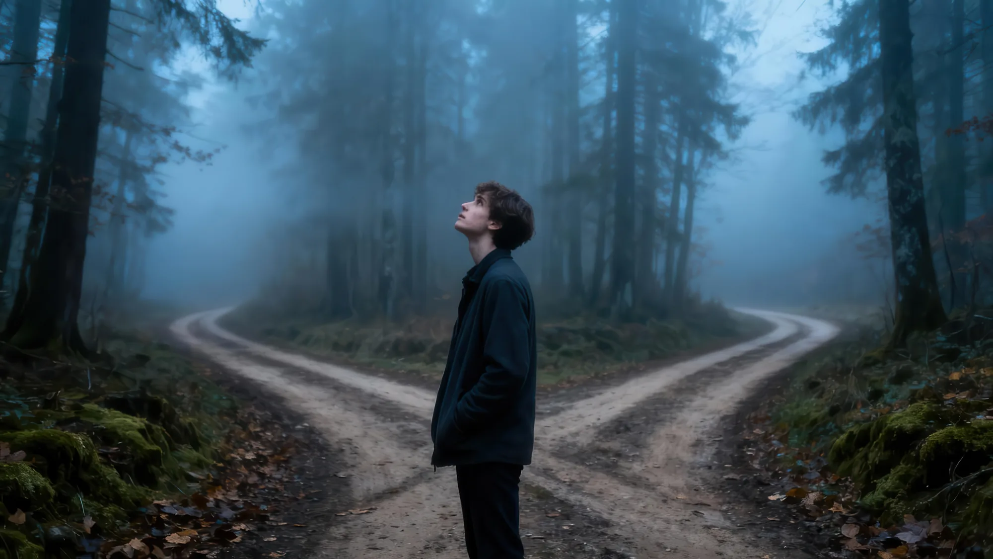 Person standing at a fork in a misty forest road, deciding which way to go