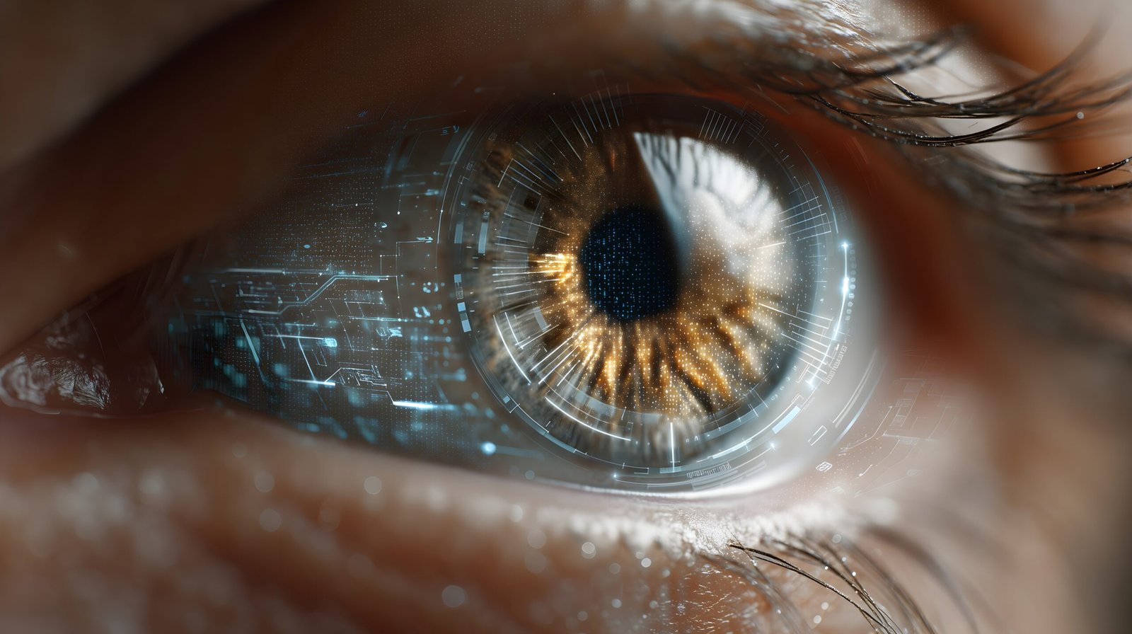 Close-up of a human eye with a blue digital interface overlaid across the iris, representing the use of AI in peptide research.