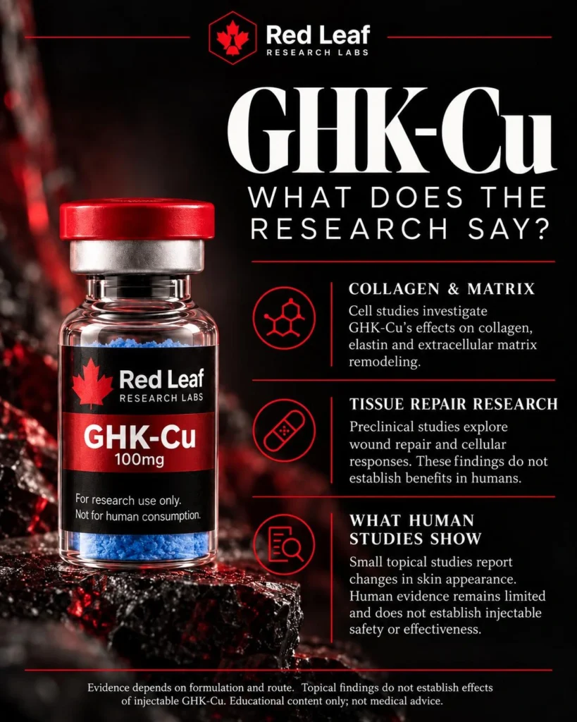 Red Leaf infographic: GHK-Cu, what does the research say? Cell studies look at collagen and the skin matrix. Animal studies look at wound repair. Small human studies only tested creams on skin.